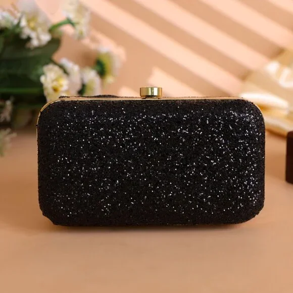 Bronze Glitter Evening Clutch Purse - Sparkly Hardcase Handbag with Chain Strap